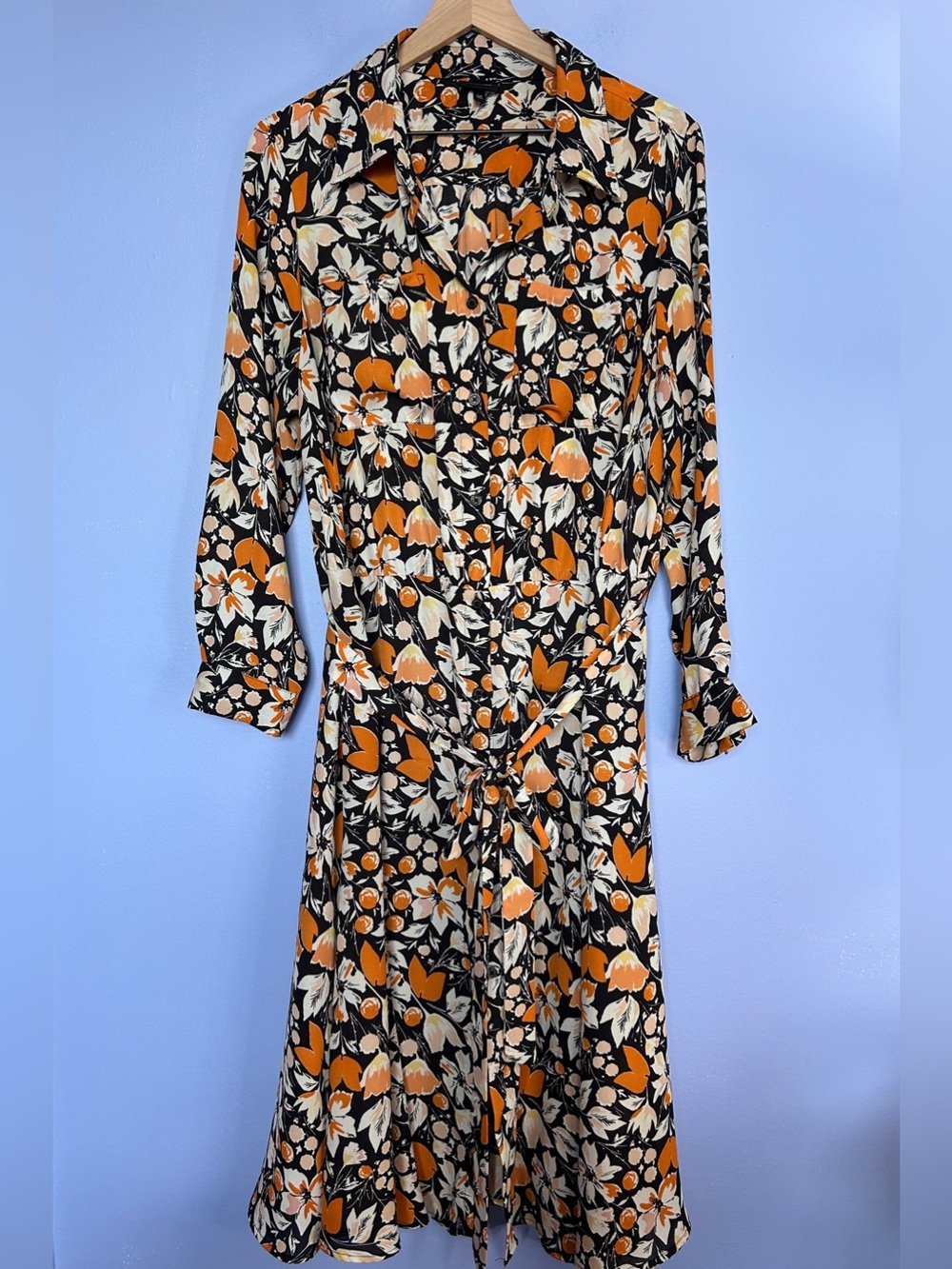 Who What Wear Black Floral Tie-Waist Midi Dress with Orange and Cream Accents